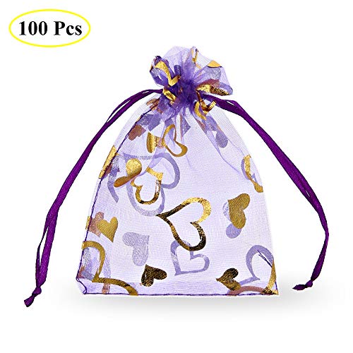 Product Cover SumDirect 100Pcs 3.35x4.53 inches Sheer Drawstring Heart Organza Jewelry Pouches Wedding Party Christmas Favor Gift Bags (Light Purple)