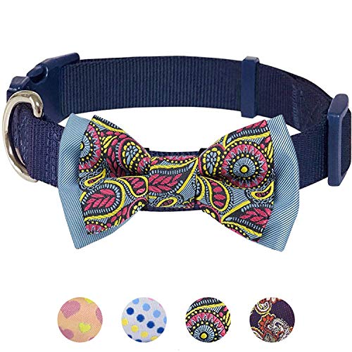 Product Cover Blueberry Pet 4 Patterns Paisley Print Handmade Detachable Bow Tie Dog Collar in Navy Blue, Medium, Neck 14. 5