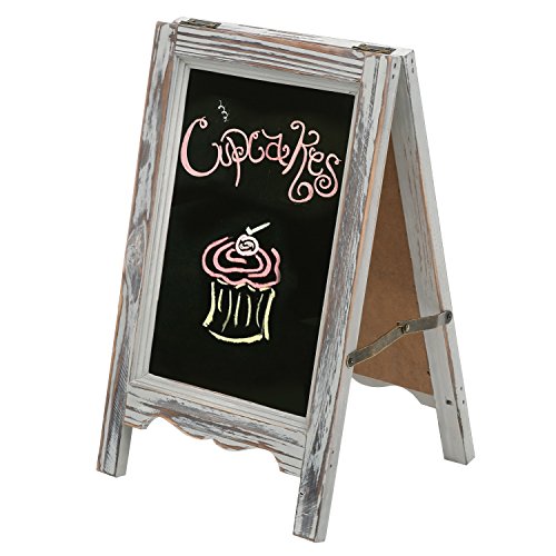 Product Cover MyGift 15-inch Rustic Wood A-Frame Double-Sided Chalkboard Easel with Scalloped Bottom, Distressed Brown