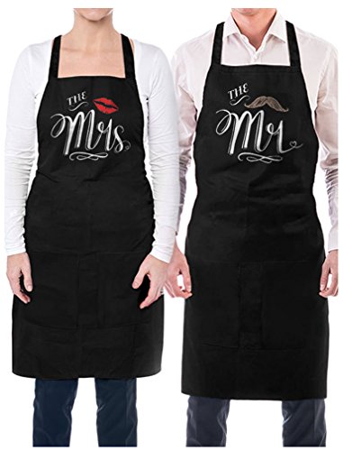 Product Cover TeeStars Mr. and Mrs. Aprons with Mustache and Red Lips Gift for Couples Wedding, Anniversary, Newlywed His & Hers Cooking Chef Apron One Size Black