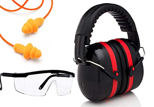 Product Cover Ear Protection Muffs set, Ear Plugs, Scratch Resistant Safety Glasses Kit and Free Paper Target | Noise Filtering Hearing Protection For Firearms Shooting, Aviation, Mowing Gift Set (Black and Red)