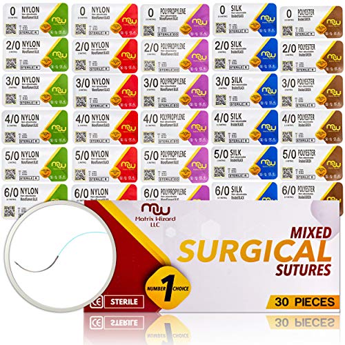 Product Cover Suture Thread with Needle 30Pk (Mix 0, 2/0, 3/0, 4/0, 5/0, 6/0) - Practice Suturing; Camping Survival Demo, Military Tactical Drill, Hospital Clinic Rotation, First Aid Travel Safety, Veterinary Use