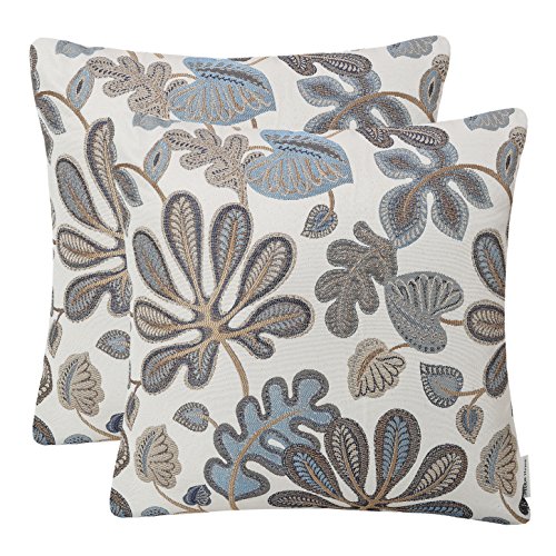Product Cover Mika Home Set of 2 Jacquard Tropical Leaf Pattern Throw Pillow Covers Decorative Pillowcase 20X20 Inches,Blue Cream