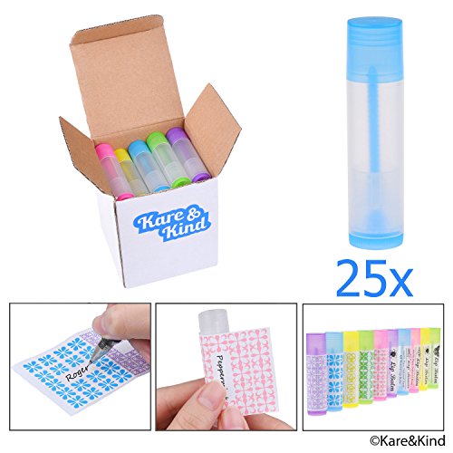 Product Cover Lip Balm Container Tubes - 25-Pack (5x5 colors) - DIY - 3/16 Oz (5.5 ml) - Including 25 Writeable (5x5 colors) & 25 Printed Stickers - Twist Mechanism and Cap - Empty - Make Lip Balm Chapsticks