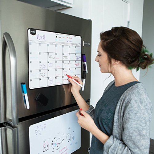 Product Cover Magnetic Dry Erase Calendar for Fridge: with Stain Resistant Technology - Two Sizes - 4 Fine Tip Markers and Large Eraser with Magnets- Monthly Whiteboard for Refrigerator Wall: White Board Desk Base
