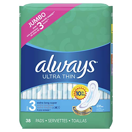 Product Cover Always Ultra Thin Feminine Pads for Women, Size 3, 38 Count, Super Absorbency,Extra Long with Wings, Unscented