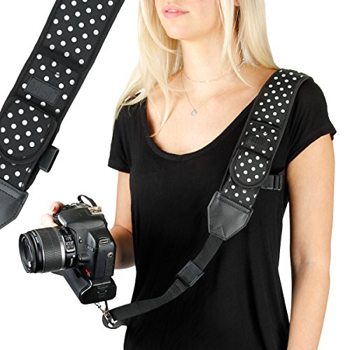 Product Cover USA Gear Camera Sling Shoulder Strap with Adjustable Polka Dot Neoprene, Safety Tether, Accessory Pocket, Quick Release Buckle, Compatible with Canon, Nikon and More DSLR, Mirrorless Cameras