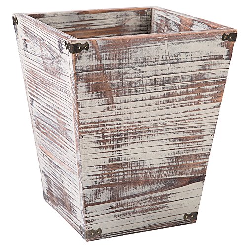 Product Cover Farmhouse Style Torched Wood Square Wastebasket Bin with Decorative Metal Brackets
