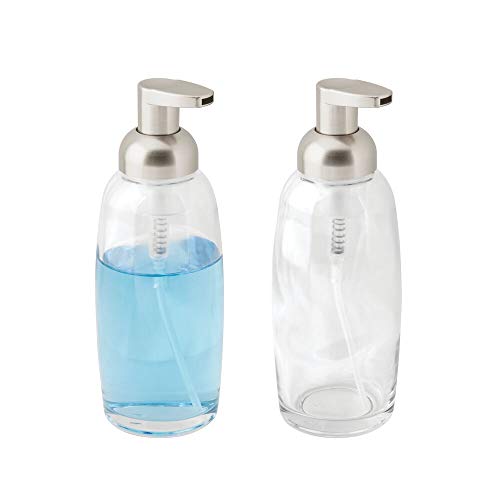 Product Cover mDesign Modern Glass Refillable Foaming Soap Dispenser Pump Bottle for Bathroom Vanity Countertop, Kitchen Sink - Save on Soap - Vintage-Inspired, Compact Design - 2 Pack - Clear/Satin