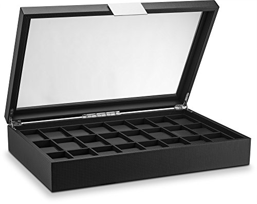 Product Cover Glenor Co Watch Box for Men - 24 Slot Flat Luxury Display Case Organizer, Carbon Fiber Design for Mens Jewelry Watches, Men's Storage Holder Boasts Large Glass Top,Metal Buckle & Leather Pillows-Black