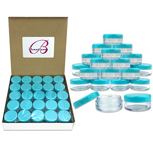 Product Cover (Quantity: 100 Pieces) Beauticom 5G/5ML Round Clear Jars with TEAL Sky Blue Lids for Scrubs, Oils, Toner, Salves, Creams, Lotions, Makeup Samples, Lip Balms - BPA Free