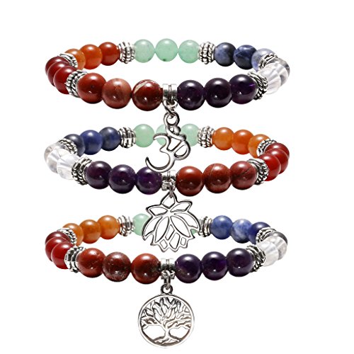 Product Cover Jovivi 7 Chakras Yoga Meditation Healing Balancing Round Stone Beads Stretch Bracelet with Tree of Life Lotus Charm