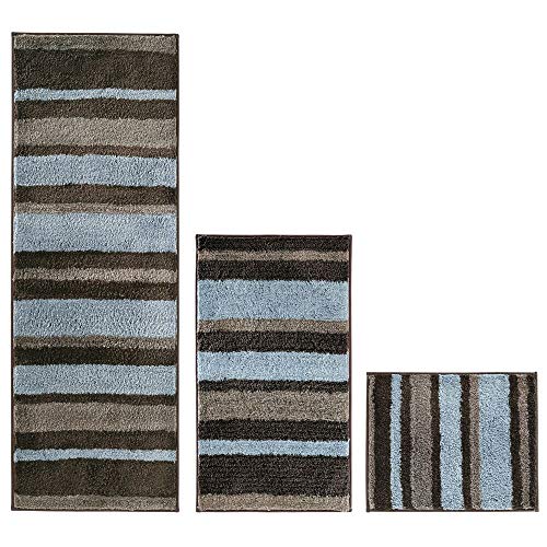 Product Cover mDesign Striped Microfiber Polyester Spa Rugs for Bathroom Vanity, Tub/Shower - Water Absorbent, Machine Washable - Includes Soft Non-Slip Rectangular Accent Rug Mat in 3 Sizes - Set of 3 - Mocha/Gray