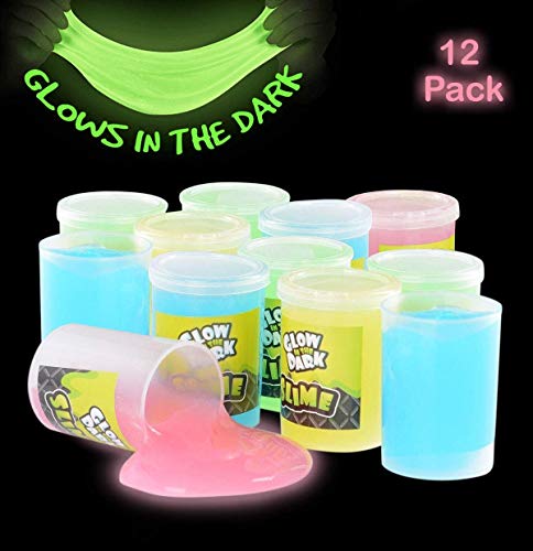 Product Cover Kicko Glow in The Dark Slime - 12 Pack Assorted Neon Colors - Green, Blue, Orange and Yellow for Kids, Goody Bag Filler, Birthday Gifts Non-Toxic