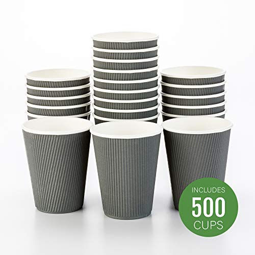 Product Cover 500-CT Disposable Gray 12-OZ Hot Beverage Cups with Ripple Wall Design: No Need for Sleeves - Perfect for Cafes - Eco-Friendly Recyclable Paper - Insulated - Wholesale Takeout Coffee Cup