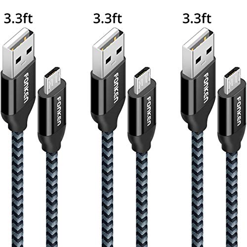 Product Cover Micro USB Cable, FONKEN Android Charger Nylon Braided Quick Charge Cable [3-Pack,3.3FT] Fast Sync & Charging Cable Smartphone Charge Cable Compatible Samsung, Nexus, LG, Motorola, Sony, Kindle (Black)