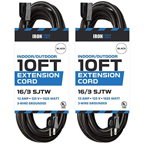 Product Cover 2 Pack of 10 Ft Outdoor Extension Cords - 16/3 Durable Black Extension Cord Pack