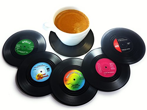 Product Cover Vinyl Record Disc Coasters | Set of 6 with funny, colorful labels | Perfect for classic music lovers
