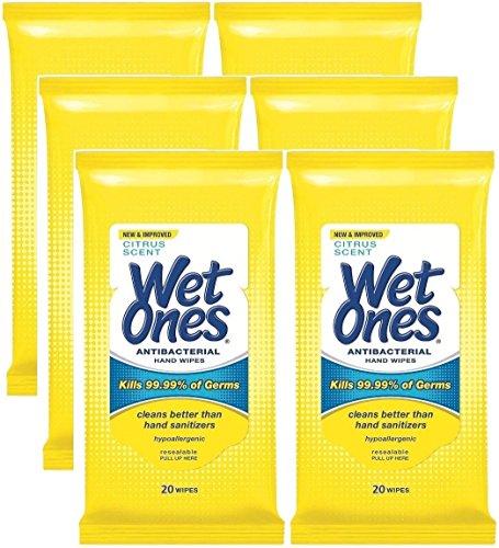 Product Cover Wet Ones Antibacterial Hands & Face Wipes, Citrus Scent, 20 Count Travel Pack (Pack of 6)