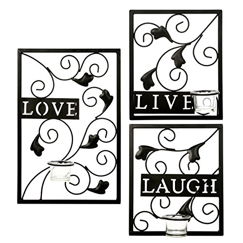 Product Cover Hosley's Set of 3 Tealight Iron Wall Sconce - Laugh, Love, Live, Dark Brown, Hand made by Artisans. Ideal Gift for Wedding, Special Occasion, Spa, Aromatherapy, Tea Light / Votive Candle Gardens O3