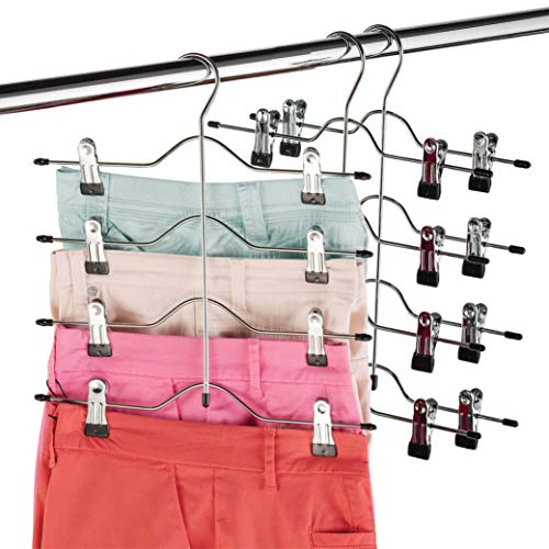 Product Cover Zober Space Saving 4 Tier Trouser Skirt Hanger (Set of 3) Sturdy Luxurious Chrome with Non Slip Black Vinyl Clips, Multi Pants Hanger for Skirts, Pants, Slacks, Jeans, and More.