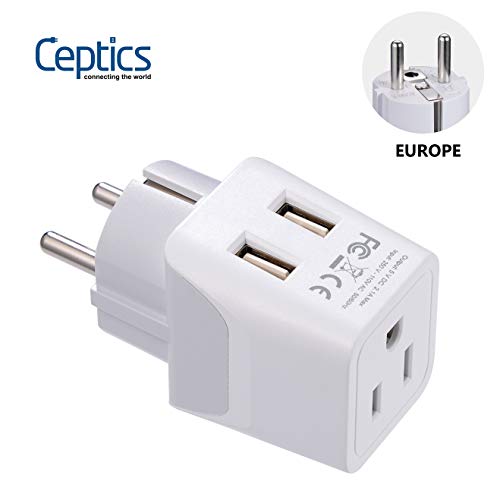 Product Cover Ceptics Schuko, Germany, France, Spain Travel Adapter Plug with Dual USB - Usa Input Type E/F - Ultra Compact Perfect for Cell Phones, Laptop, Camera Chargers, iWatch, iPad, iPhone and More (CTU-9)