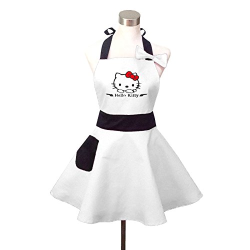Product Cover Lovely Hello Kitty White Retro Kitchen Aprons for Woman Girl Cotton Cooking Salon Pinafore Vintage Apron Dress