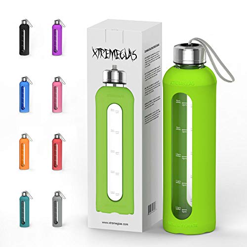 Product Cover 32 Oz Glass Water Bottle With Silicone Sleeve Leak Proof Lid 1L Time Marked Measurements BPA-Free For To-Go Travel At Home Reusable Eco Friendly Safe For Hot Liquids Tea Coffee Daily Intake (Green)