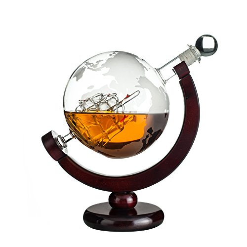 Product Cover Whiskey Globe Decanter with Antique Dark Finished Wood Stand Bar Funnel 850ml Perfect Gift Set Scotch Liquor Bourbon Wine Vodka