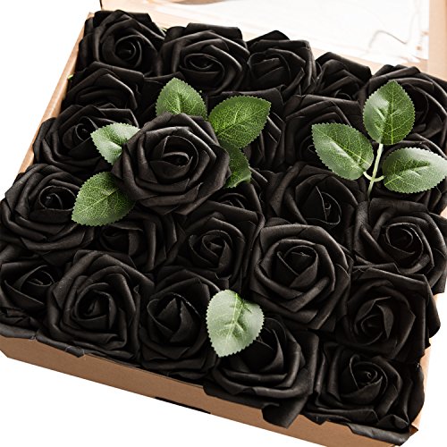 Product Cover Ling's moment Artificial Flowers Black Roses 50pcs Real Looking Fake Roses w/Stem for DIY Wedding Bouquets Centerpieces Arrangements Party Home Halloween Decorations