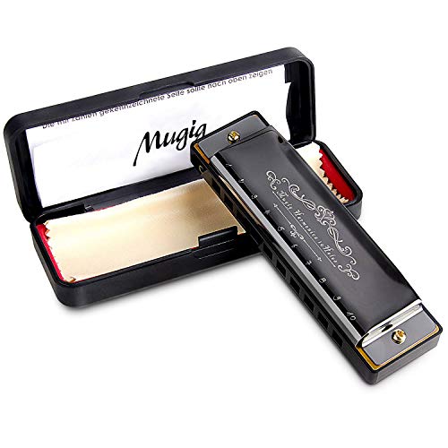 Product Cover Mugig Harmonica, C Key Harmonica for Beginners or Kids, 10 Holes 20 Tones, 1.2mm Plate Structure, Stainless Steel Cover, with Carry Box, Black (Standard)
