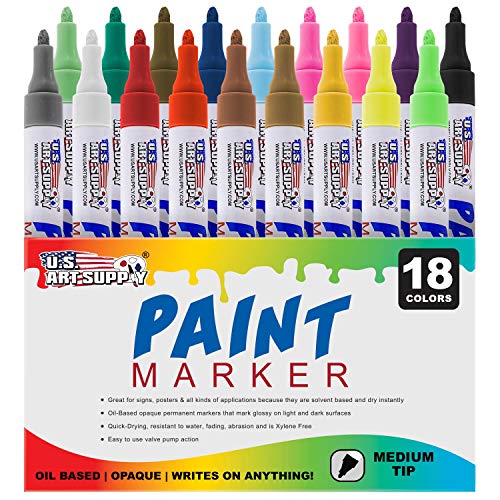 Product Cover U.S. Art Supply 18 Color Set of Medium Point Tip Oil Based Paint Pen Markers - Permanent Ink That Works on Most Surfaces Glass, Wood, Metal, Rubber, Rocks, Stone, Arts, Crafts & Tools