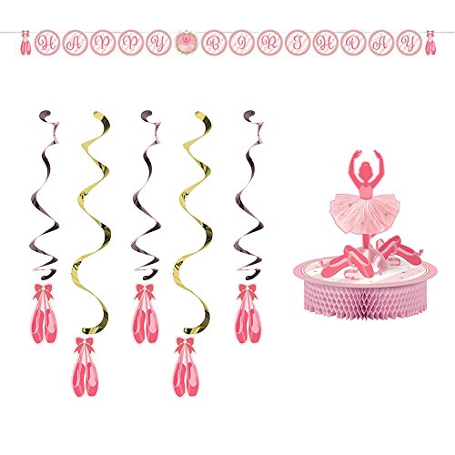 Product Cover Twinkle Toes Birthday Party Decorations Supply Pack | Ballerina Centerpiece, Happy Birthday Banner, and Ballet Slipper Dizzy Danglers | Ballerina Birthday Party Supplies | Pink Party Decorations