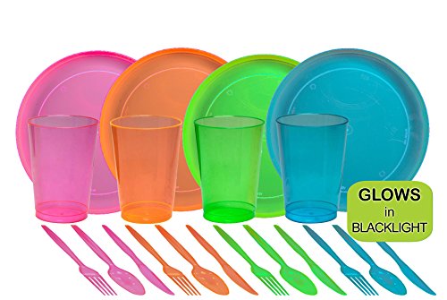 Product Cover Tiger Chef 40-Piece Neon Assorted Glow Party Supplies Includes Neon Assorted Colors Hard Plastic Plates, Cups and Cutlery in Neon Pink, Blue, Green and Orange (Service for 8)