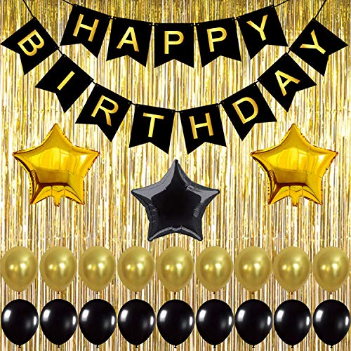 Product Cover KATCHON 032 Black Decoration Kit, Gold Metallic Fringe Shiny Curtains, Happy Birthday Banner with Latex & Star Foil Balloons, 1