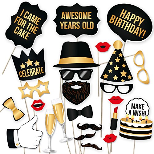 Product Cover PartyGraphix DIY Happy Birthday Props for Photo Booth Stand - Suitable for His or Hers Party Celebration (34 Count, Black and Gold Kit)