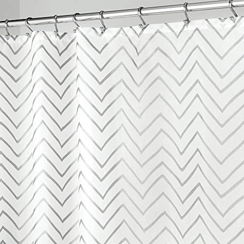 Product Cover mDesign Long Decorative Metallic Pattern, Water Repellent, Fabric Shower Curtain for Bathroom Showers and Stalls, Machine Washable - Chevron Zig-Zag Print, 72