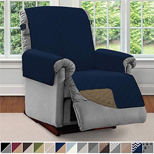 Product Cover Sofa Shield Original Patent Pending Reversible Large Recliner Protector, Seat Width to 28 Inch, Furniture Slipcover, 2 Inch Strap, Reclining Chair Slip Cover Throw for Pets, Recliner, Navy Sand