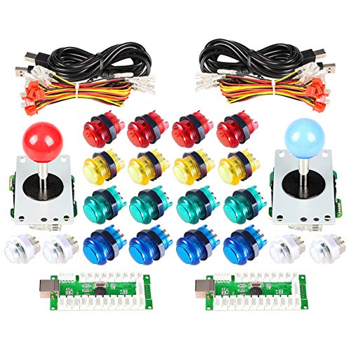 Product Cover EG STARTS Classic Arcade DIY Kit Parts 2x USB LED Encoder To PC Consols Games + 2x 4/8 Ways Joystick + 20x 5V Illuminated Push Buttons For Mame Jamma Raspberry pi ( Red / Blue Stick + MIX Color Buttons)