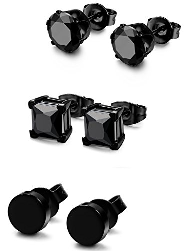 Product Cover FIBO STEEL 3 Pairs Stainless Steel Black Stud Earrings for Men Women CZ Earrings, 3mm-8mm Available