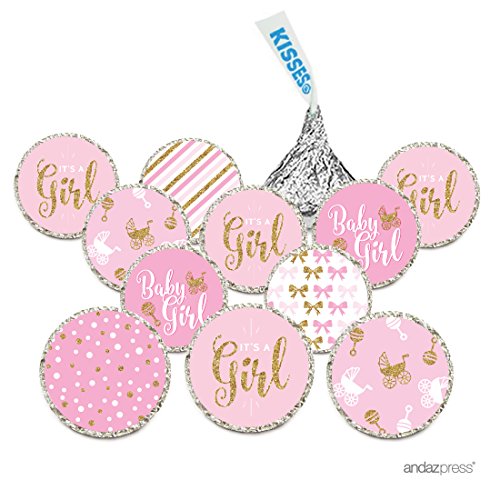 Product Cover Andaz Press Chocolate Drop Labels Trio, Fits Hershey's Kisses, Ultimate Girl Baby Shower Collection, Pink and Gold Glitter, 216-Pack