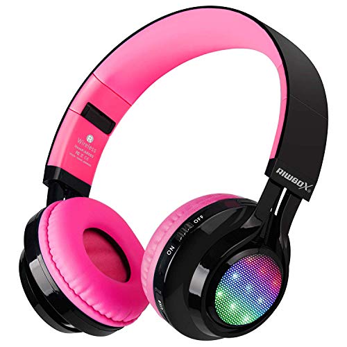 Product Cover Bluetooth Headset, Riwbox AB005 Wireless Headphones 5.0 with Microphone Foldable Headphones with TF Card FM Radio and LED Light for Cellphones and All Bluetooth Enabled Devices (Black&Pink)