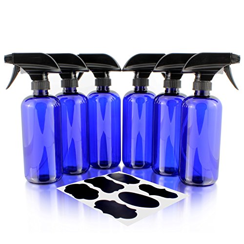 Product Cover 16oz Cobalt Blue PLASTIC Spray Bottles w/Heavy Duty Mist & Stream Sprayers and Chalkboard Labels (6-pack); PET #1 BPA-free, Use for Aromatherapy, DIY Cleaning, Kitchen, Hair Etc