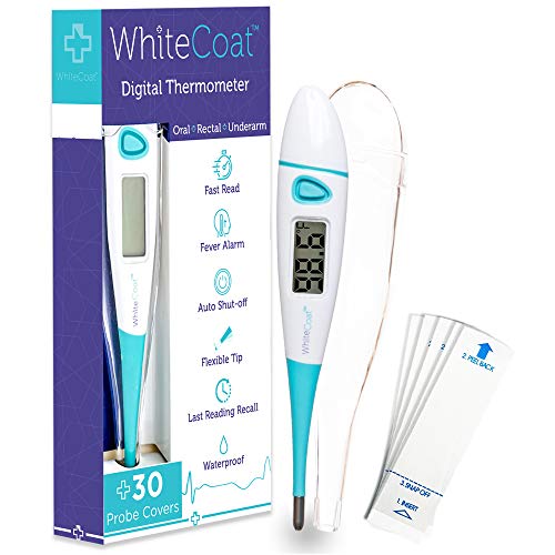 Product Cover White Coat Fast Reading Digital Thermometer for Oral Rectal and Underarm Use with Flexible Tip and Fever Body Temperature Indicator for Baby Child Adult and Pets, Bonus 30 Probe Covers Included