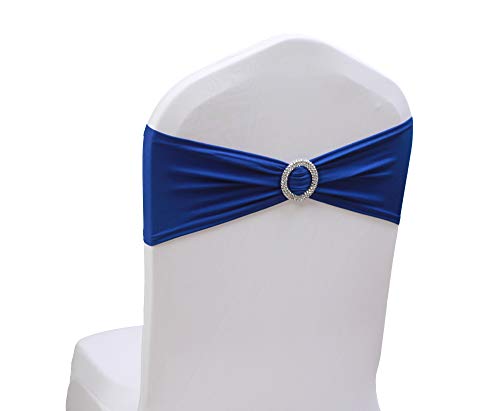 Product Cover SheYang 100PCS Royal Blue Stretch Chair Sashes Bows Elastic Chair Bands with Buckle Slider Sashes Bows for Wedding Hotel Banquet Birthday Party Decorations (100PCS, Royal Blue)