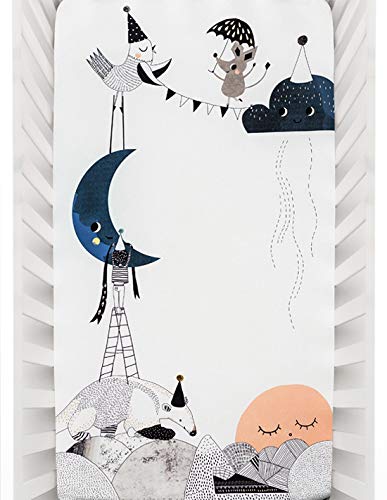 Product Cover Rookie Humans 100% Cotton Sateen Fitted Crib Sheet: The Moon's Birthday. Modern Nursery, Use as a Photo Background for Your Baby Pictures. Standard Crib Size (52 x 28 inches) (Standard Cotton Sateen)