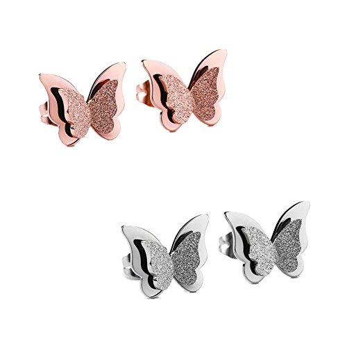 Product Cover Womens Girls Ear Jewelry Stainless Steel Frosted Butterfly Stud Earrings with Gift Box