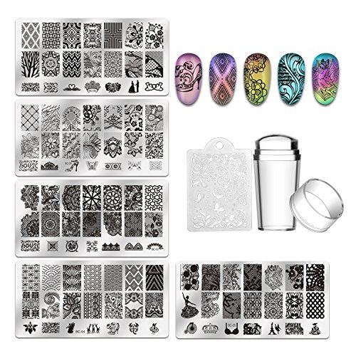 Product Cover Biutee 5pcs Nail Stamping Plates + 1 Stamper + 1 Scraper Lace Flower Animal Pattern Nail Art Stamp Stamping Template Image Plate Nail Art Stamper Scraper Nails Tool