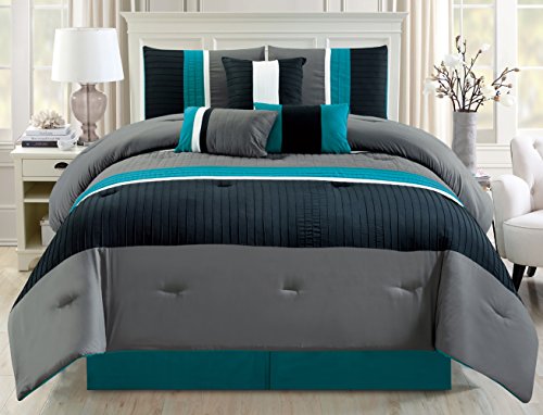 Product Cover Modern 7 Piece Oversize Teal Blue / Grey / Black Pin Tuck Stripe Comforter Set Queen Size Bedding with Accent Pillows 94