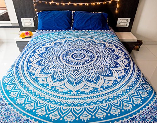 Product Cover Mandala Tapestry Bedding with Pillow Covers, Indian Bohemian Hippie Tapestry Wall Hanging, Hippy Blanket or Beach Throw, Ombre Mandala Bedspread for Bedroom, Queen Size Majestic Blue Boho Decor